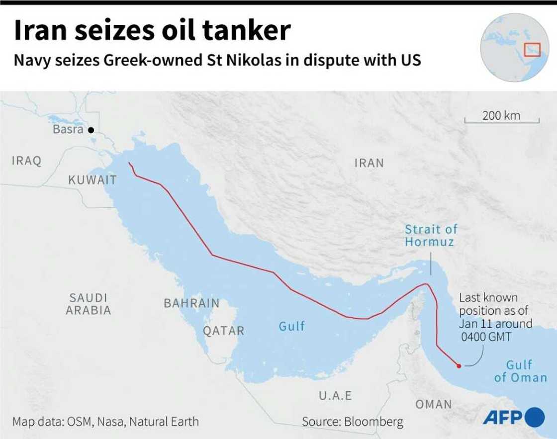 A map showing the region around the Gulf of Oman where the oil tanker St Nikolas was seized by the Iranian navy