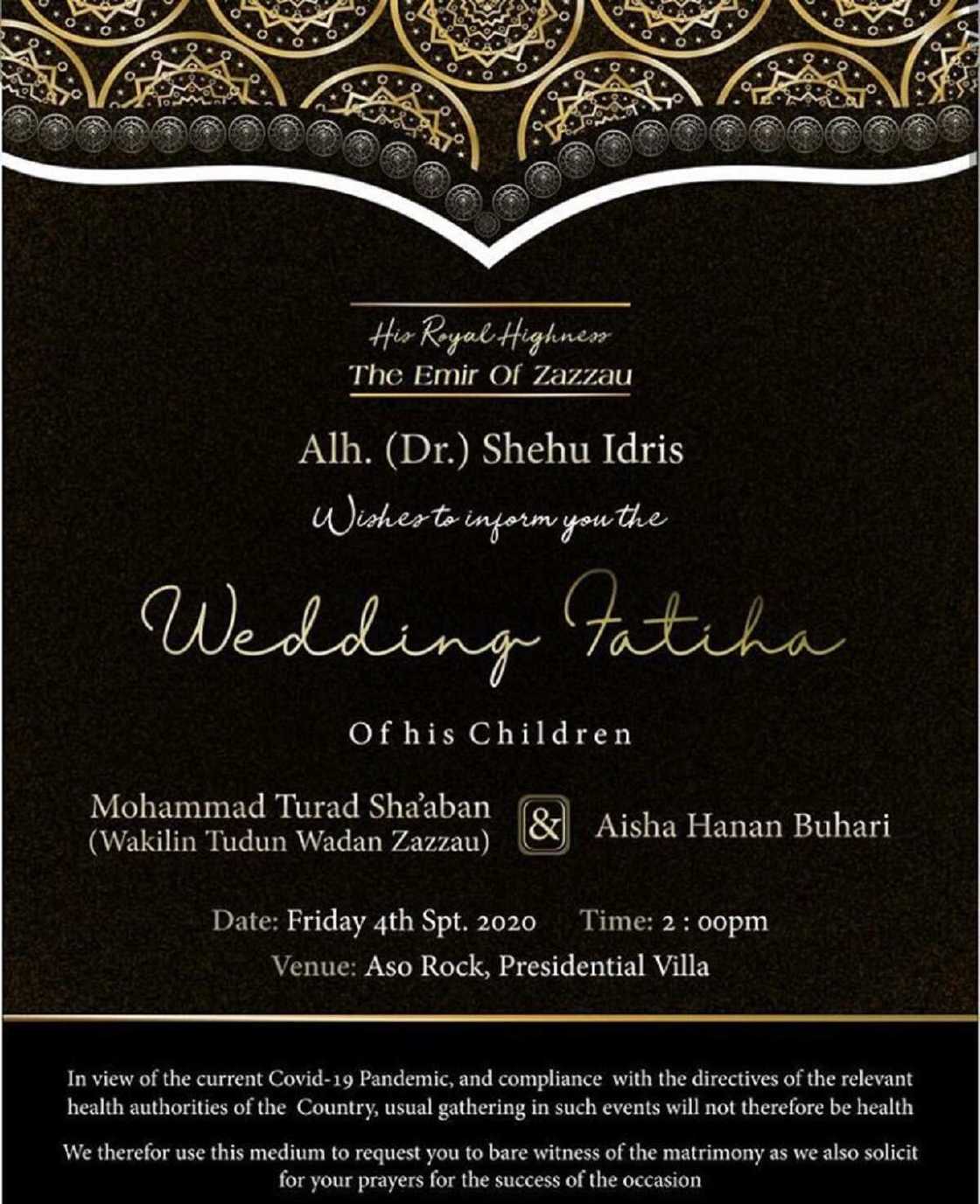 An fitar da katin gayyatar daurin auren Hanan Buhari da Turad Sha’aban An fitar da katin gayyatar daurin auren Hanan Buhari da Turad Sha’aban