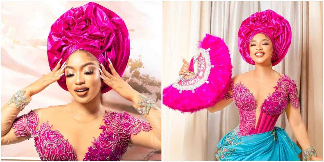 Tonto Dikeh in bright colour asoebi, Tonto Dikeh in asoebi attire