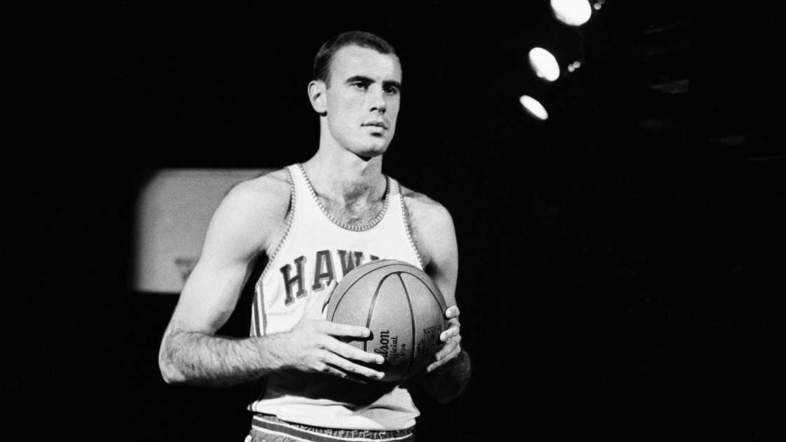 St. Louis Hawks' Bob Pettit pictured holding a ball. St. Louis Hawks' Bob Pettit pictured holding a ball.