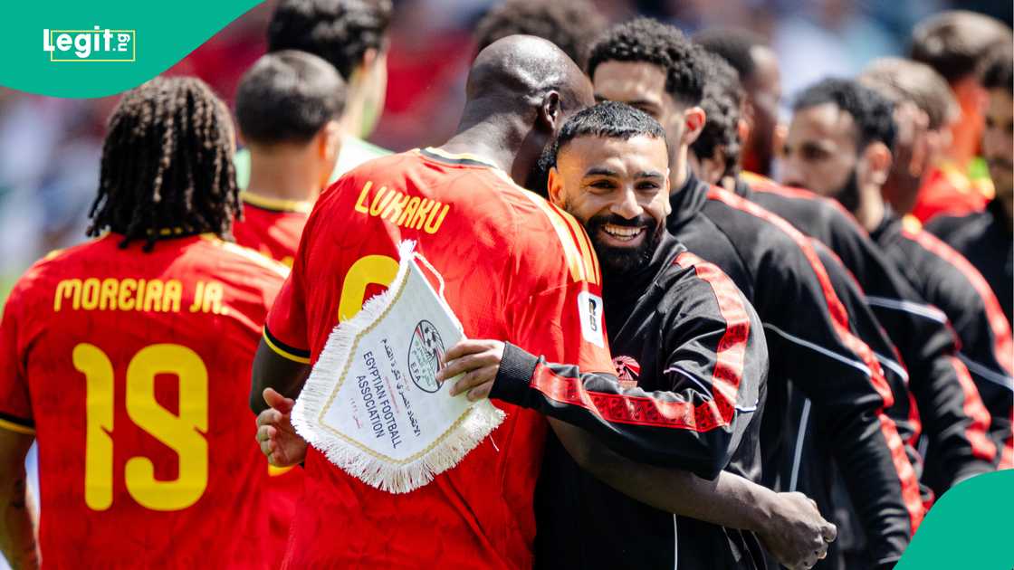 Mohamed Salah embraces Romelu Lukaku before the FIFA World Cup 2026 Group G match. Photo by Jane Gershovich