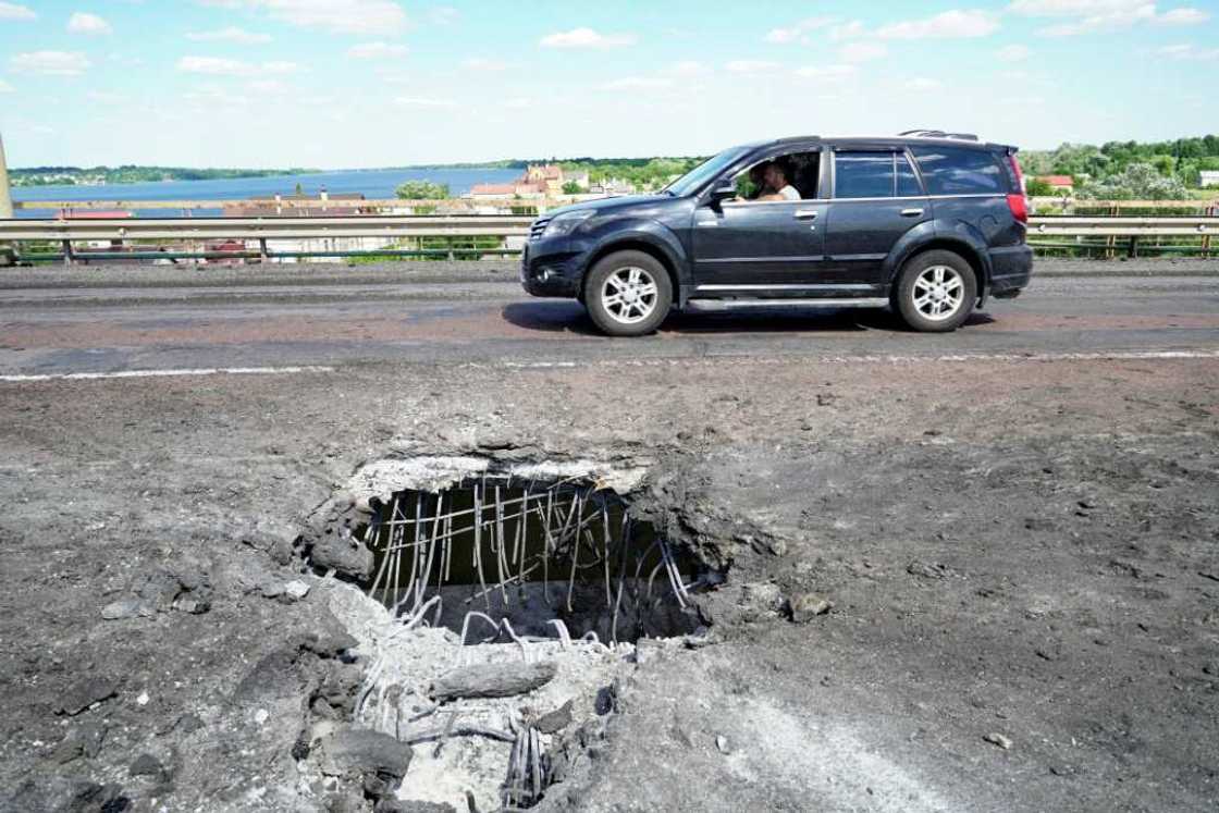 The Antonivskiy bridge, pictured on July 21, spans the Dnipro river