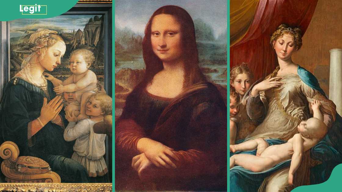 Madonna and Child with Two Angels (L), Mona Lisa art (C), Madonna with a Long Neck art (R)