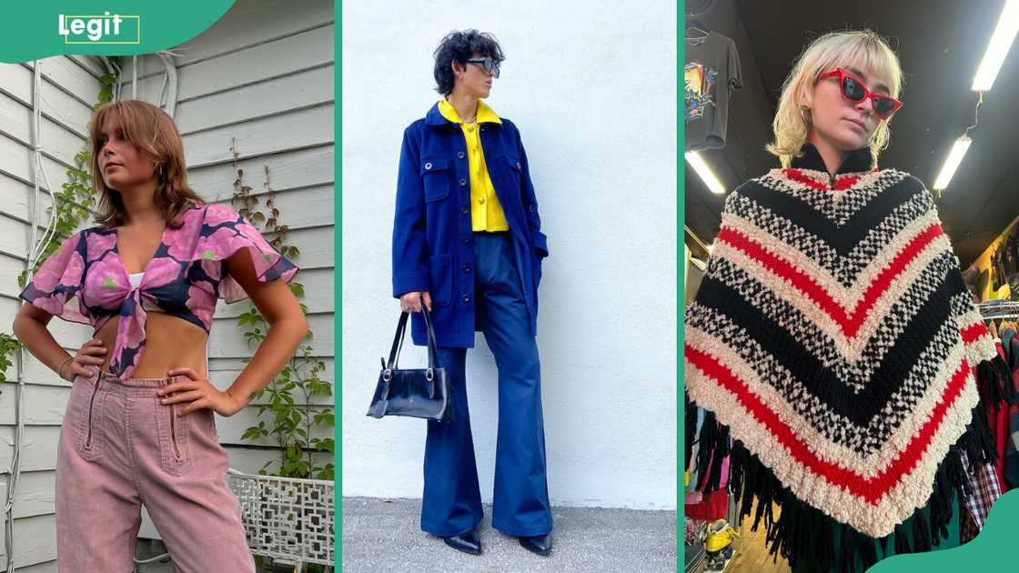 Tie-front crop tops (L), Pantsuit with bell-bottom trousers (C), and Poncho are notable 70's outfits Tie-front crop tops (L), Pantsuit with bell-bottom trousers (C), and Poncho are notable 70's outfits