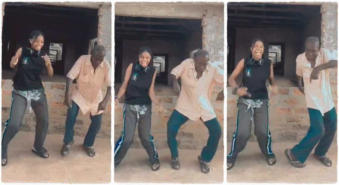 Photos of an old man posing while dancing with a young lady.