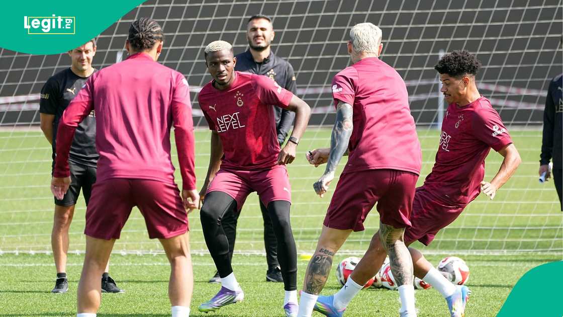 Leroy Sane, Victor Osimhen, Mauro Icardi, Gabriel Sara, Florya Oktay Metin, Istanbul, Turkiye, Galatasaray. Leroy Sane, Victor Osimhen, Mauro Icardi, Gabriel Sara, Florya Oktay Metin, Istanbul, Turkiye, Galatasaray.