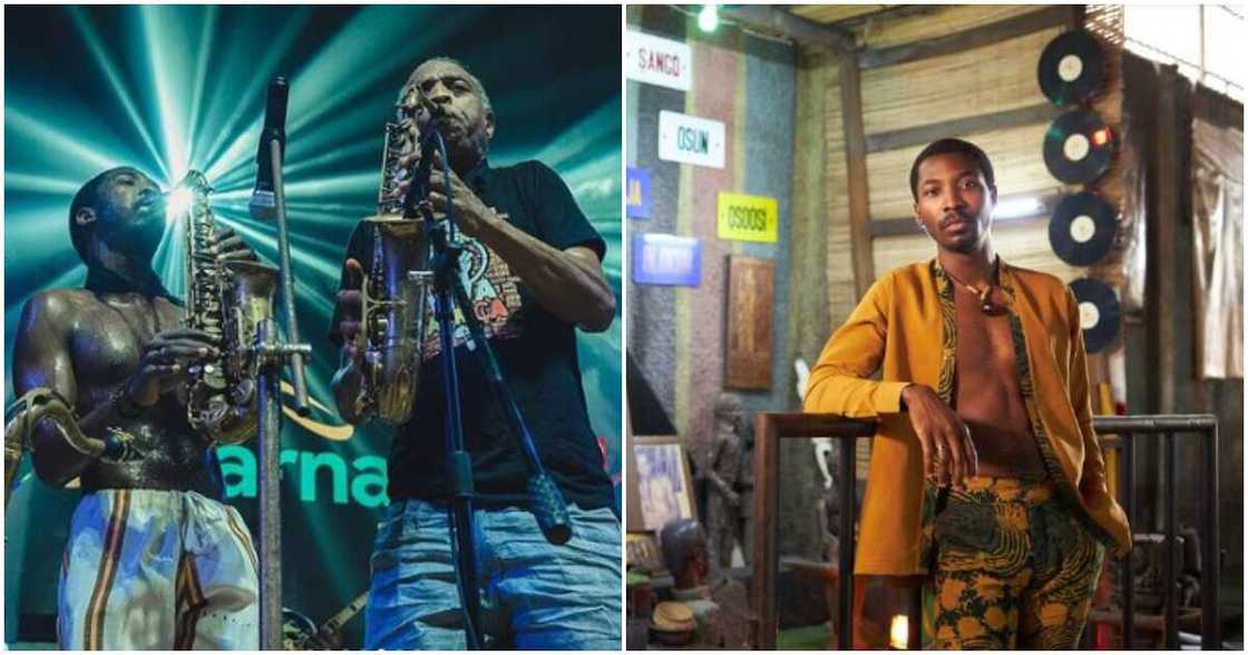 Afrobeat legend Femi Kuti and his son Made performing on stage together Afrobeat legend Femi Kuti and his son Made performing on stage together