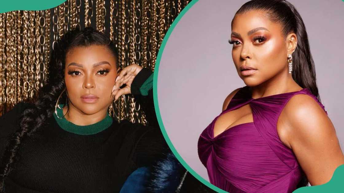 Taraji P. Henson seated in a relaxed pose (L). The actress in a deep purple dress (R) Taraji P. Henson seated in a relaxed pose (L). The actress in a deep purple dress (R)