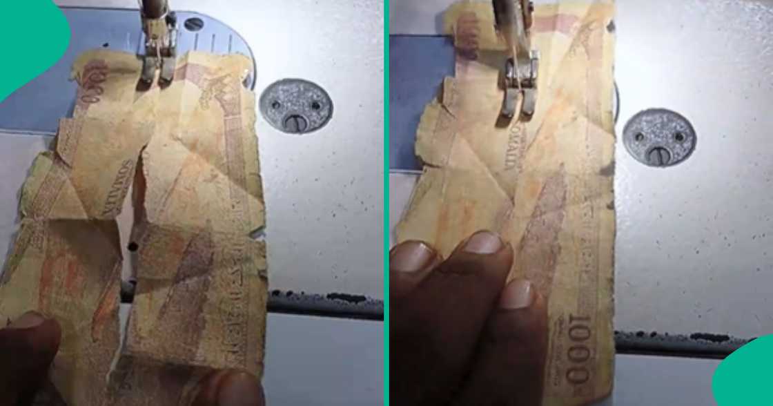 Man shows result after sewing torn money together