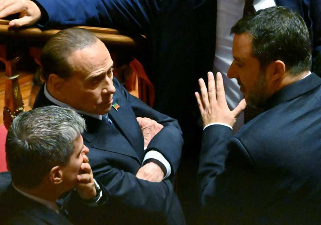 Former premier Silvio Berlusconi (seated) in discussion with the gesticulating Matteo Salvini, leader of the far-right League Former premier Silvio Berlusconi (seated) in discussion with the gesticulating Matteo Salvini, leader of the far-right League