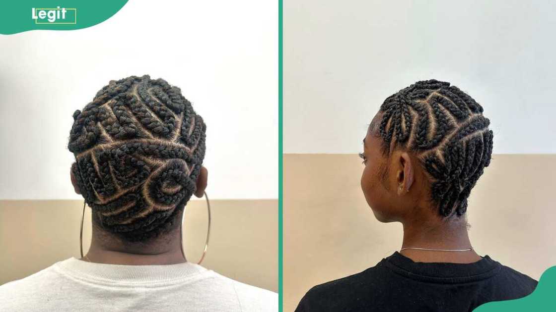 Lady showcasing the braided baldie weaves