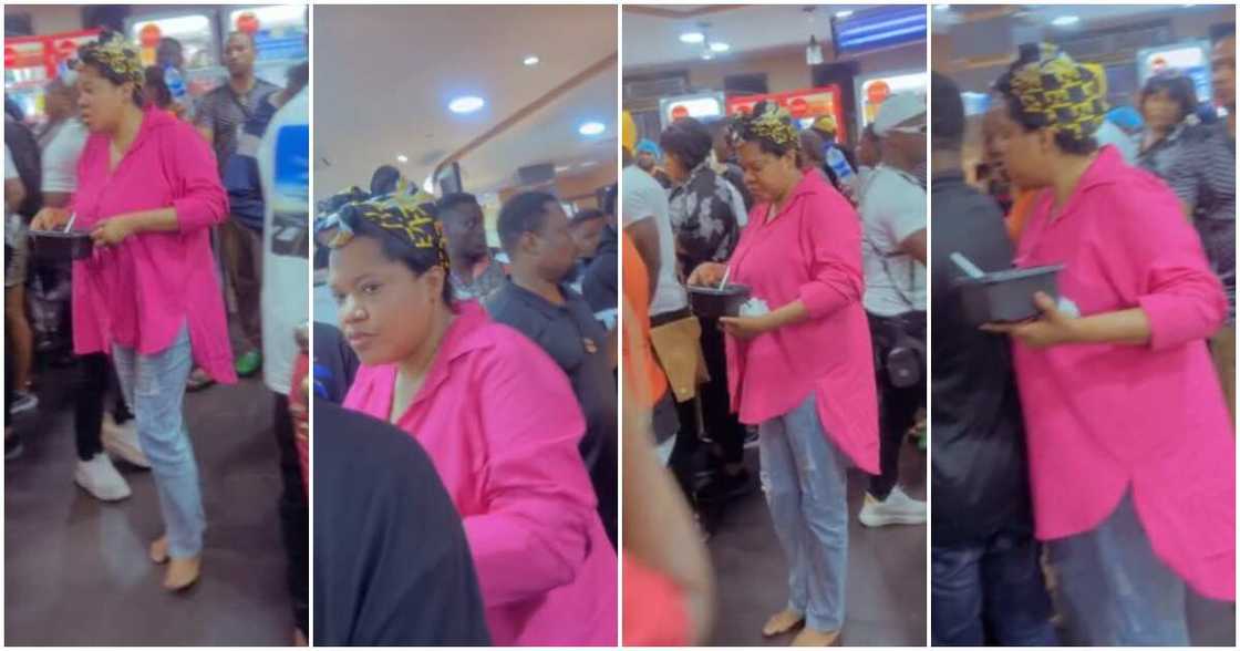 Video of Toyin Abraham barefoot while buying amala in restaurant. Video of Toyin Abraham barefoot while buying amala in restaurant.