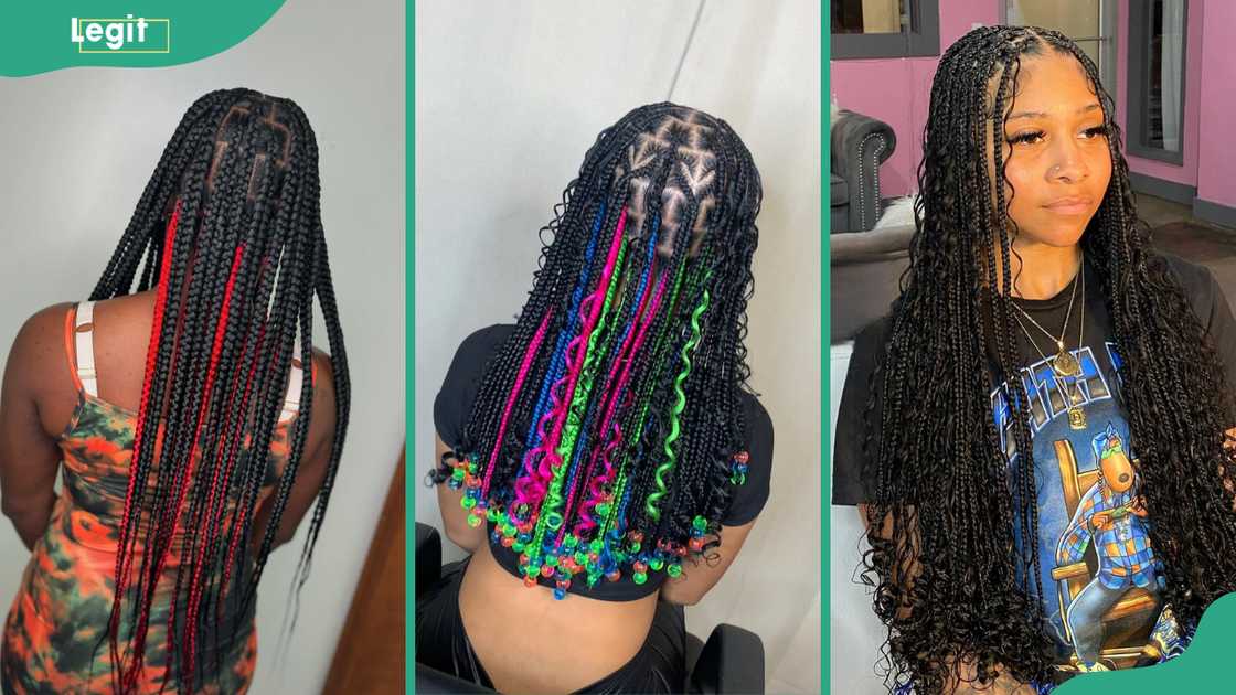 Black and red peekaboo braids (L), Peekaboo braids with beads (C), Curly peekaboo braids (R) Black and red peekaboo braids (L), Peekaboo braids with beads (C), Curly peekaboo braids (R)