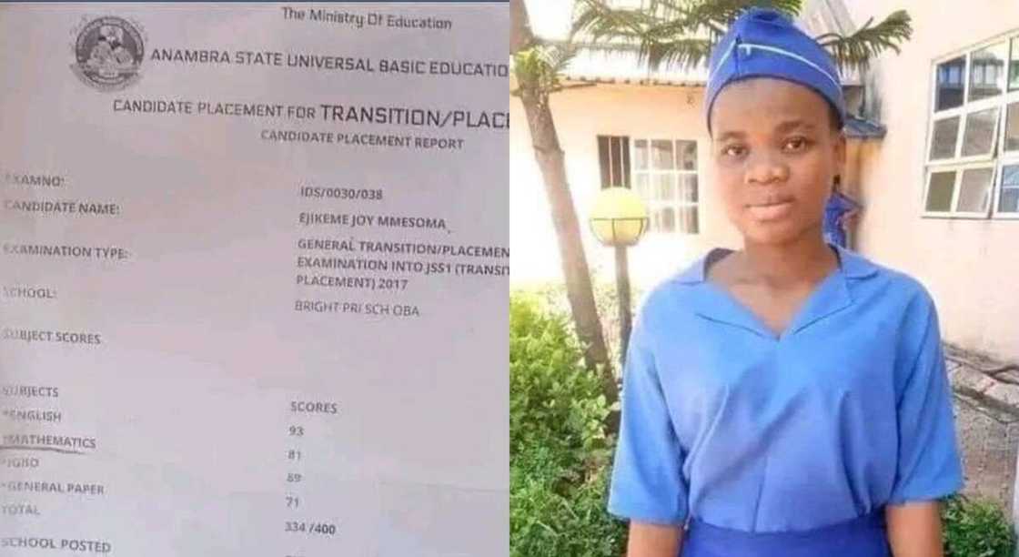 Photos of a Ejikeme Mmesoma and her common entrance result.