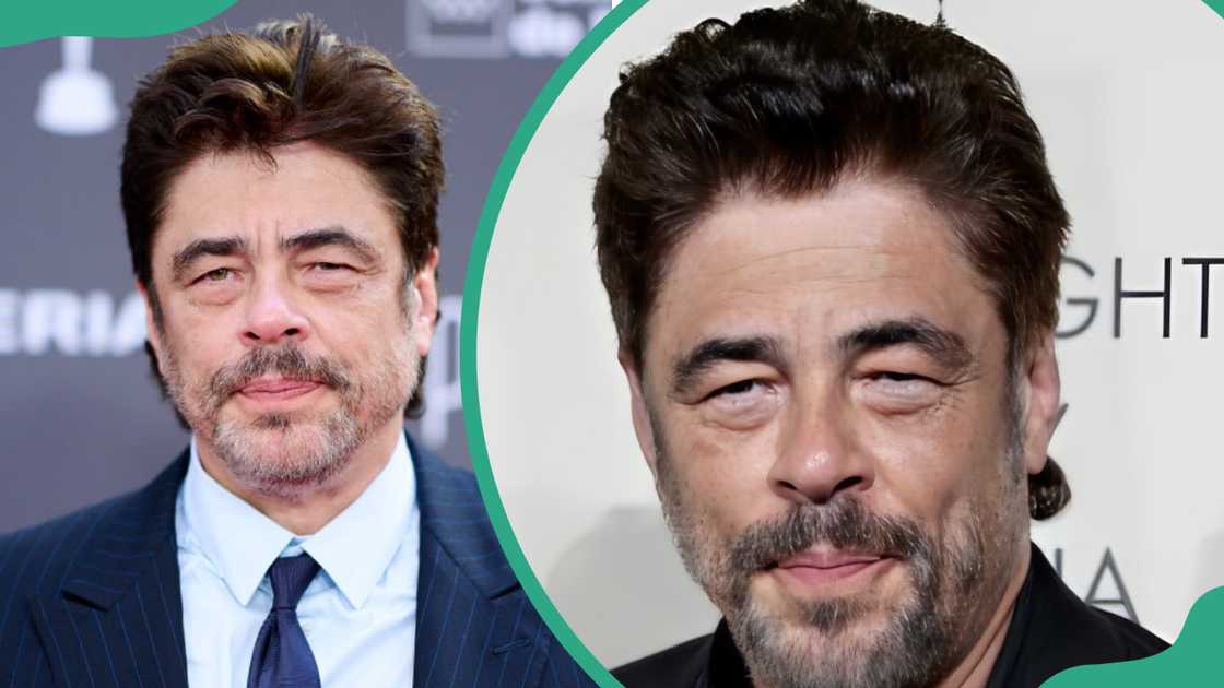 Benicio Del Toro in a navy blue suit and white (L), and a black shirt (R)