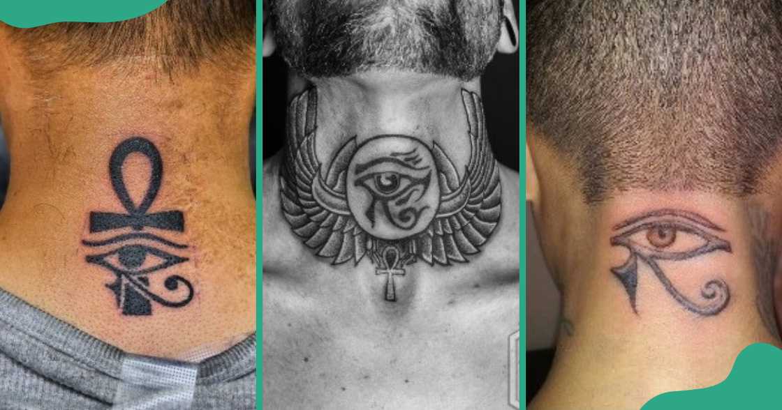 Eye of Horus tattoos on the front and back of the neck.