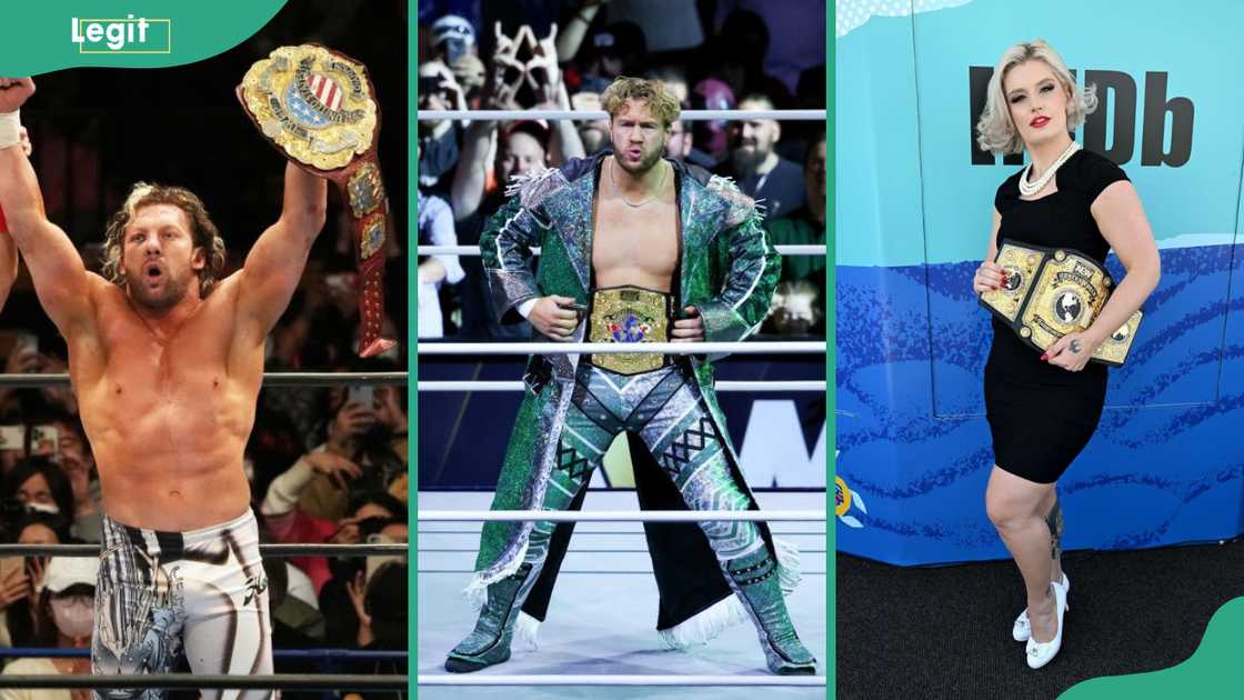 Kenny Omega celebrating his win (L), Will Ospreay posing for a photo in the ring (C), and Toni Storm posing with a belt (R)