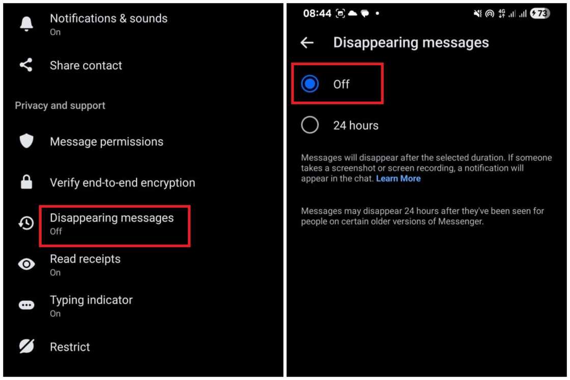 Screenshots showing how to turn off Vanish Mode on Messeger