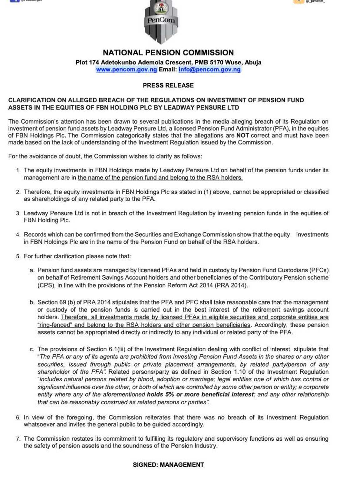 PenCom Statement PenCom Statement