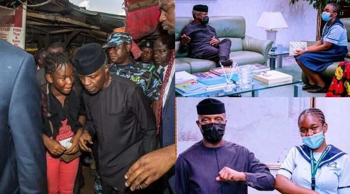 Karamar yarinyar da ta damki hannun Osinbajo a tsakar kasuwar Nyanya ta zama 'diyarsa' Karamar yarinyar da ta damki hannun Osinbajo a tsakar kasuwar Nyanya ta zama 'diyarsa'