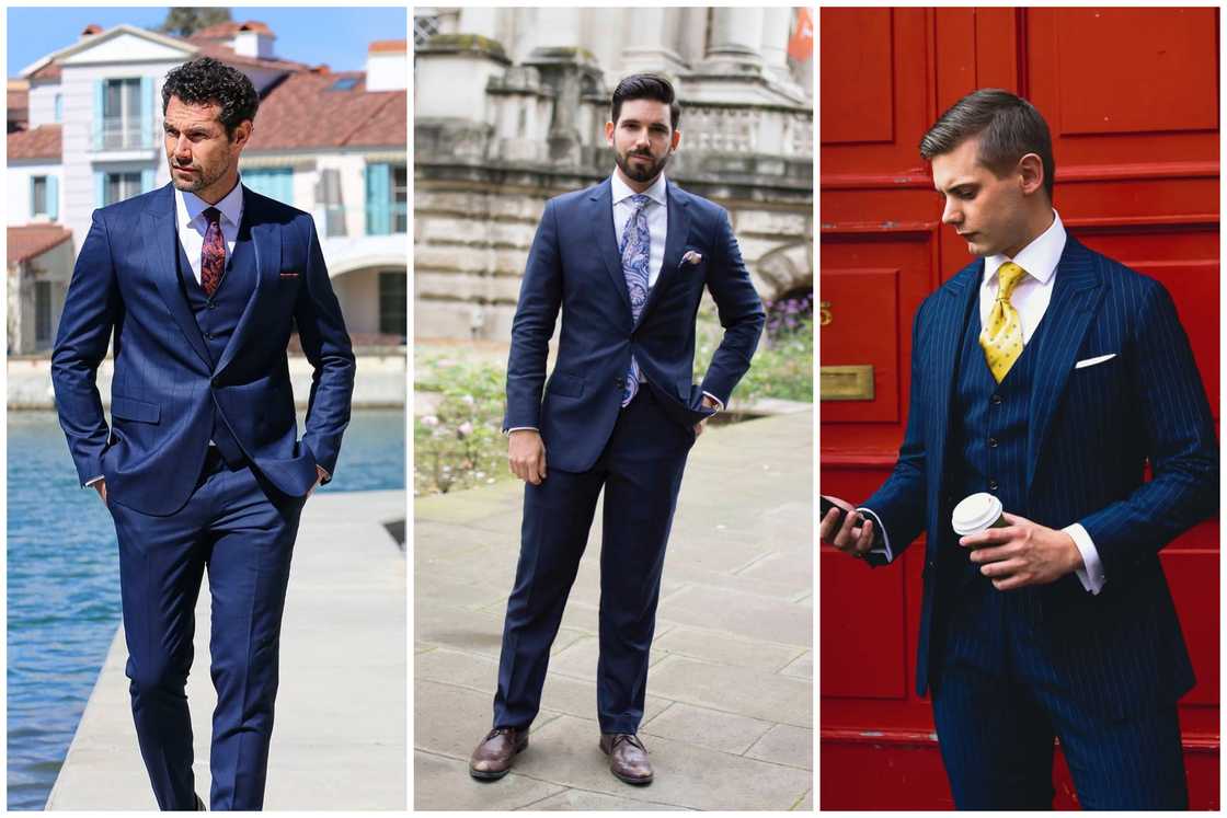 Patterned tie with navy suit Patterned tie with navy suit