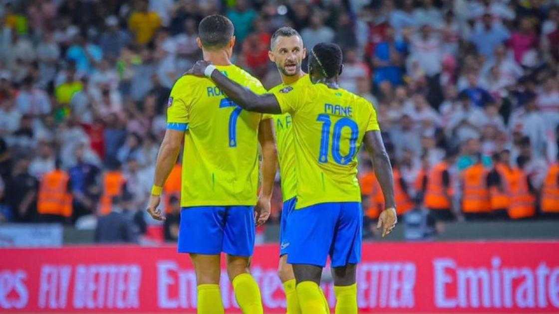 Sadio Mane congratulates Cristiano Ronaldo after the veteran scored a goal for Al-Nassr against Zamalek on August 3, 2023.