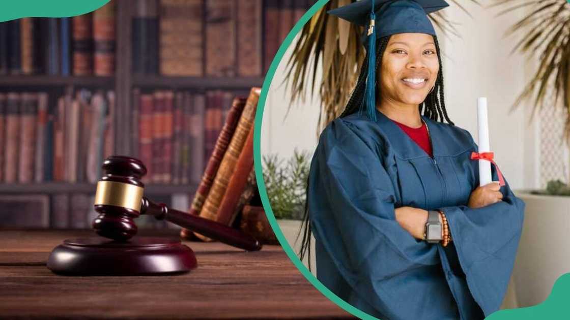 A young lady in an academic dress on her graduation day and a gavel next to a library A young lady in an academic dress on her graduation day and a gavel next to a library