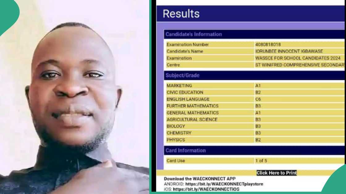 Nigerian man shares WAEC result of his school son.