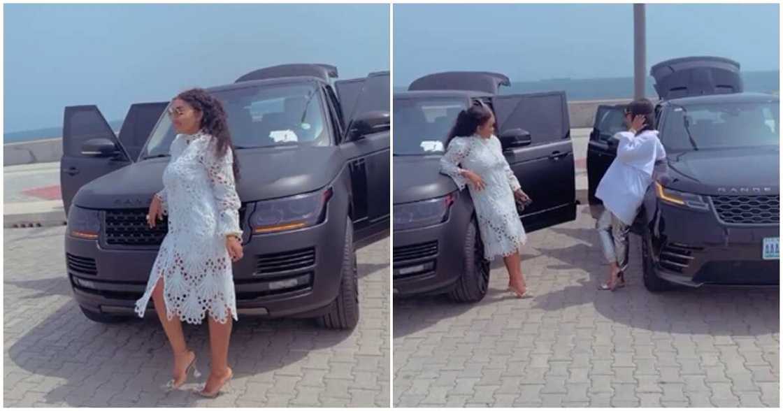 Range Rover gang: Actress Mercy Aigbe and friend Abike Domina film video with their luxury cars