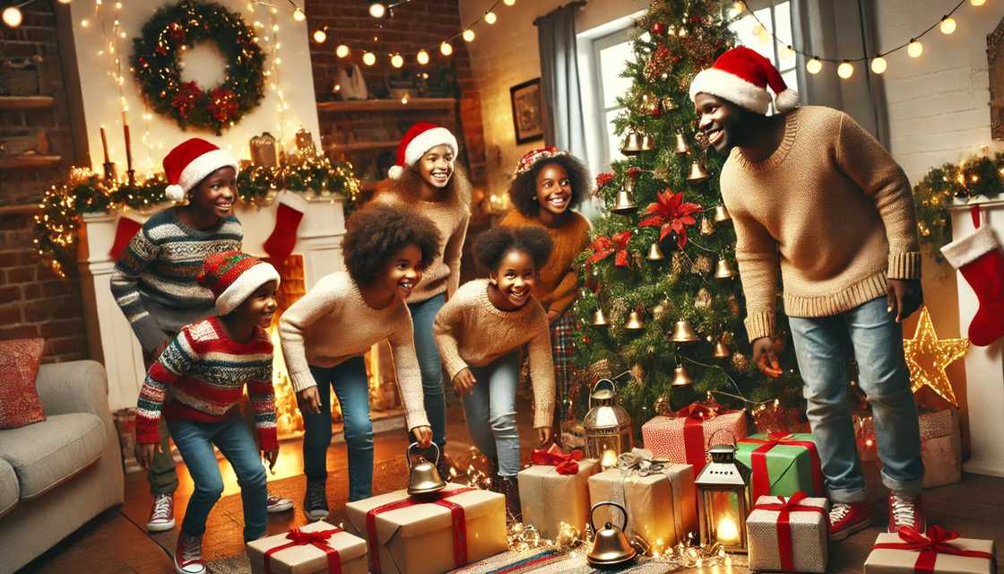 Family ready to play the Find the Jingle Bells game Family ready to play the Find the Jingle Bells game