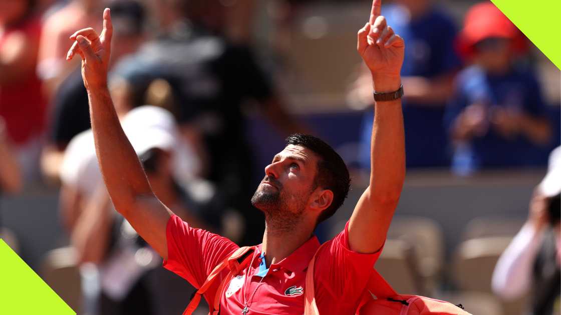 Novak Djokovic appears to thank God after beating Rafael Nadal in straight sets to reach the quarter-finals of the men's singles tennis in the 2024 Olympic Games.