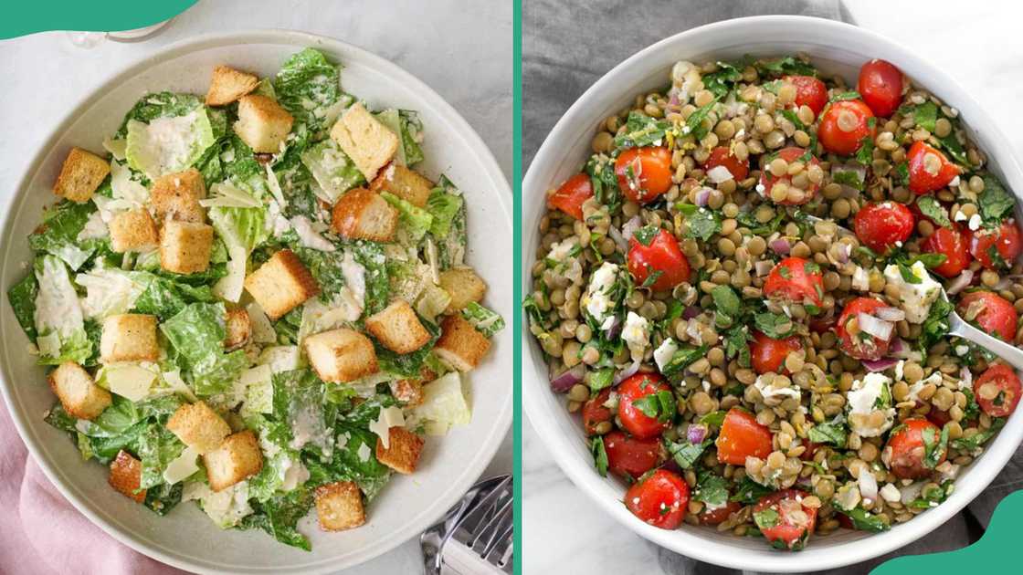 A bowl of Caesar Salad (L) and a bowl of Lentil Salad (R) A bowl of Caesar Salad (L) and a bowl of Lentil Salad (R)