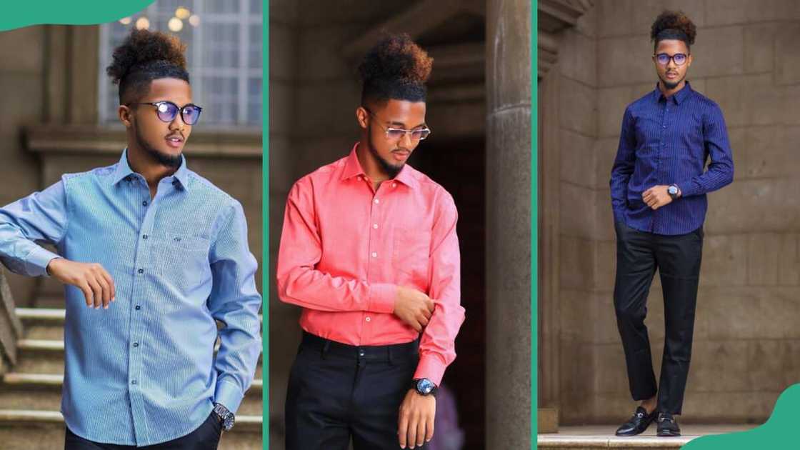 A man showing different coloured plain shirts