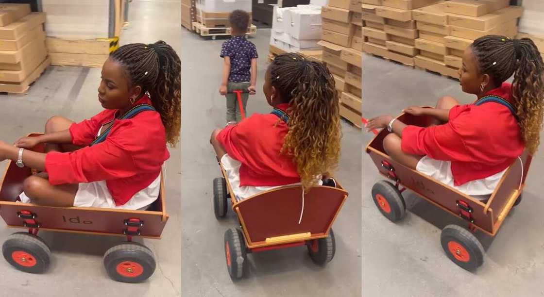 Photos of a mother being pulled in a cart by her son. Photos of a mother being pulled in a cart by her son.