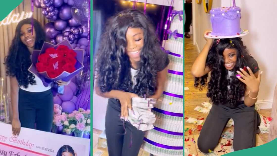 Lady receives surprise birthday gifts from her man. Lady receives surprise birthday gifts from her man.