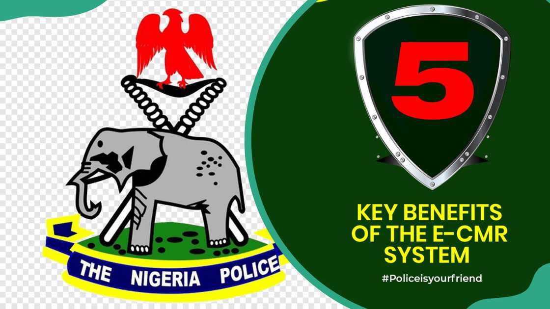 The Nigeria Police Force logo and a photo showing 5 key benefits of e-cmr The Nigeria Police Force logo and a photo showing 5 key benefits of e-cmr