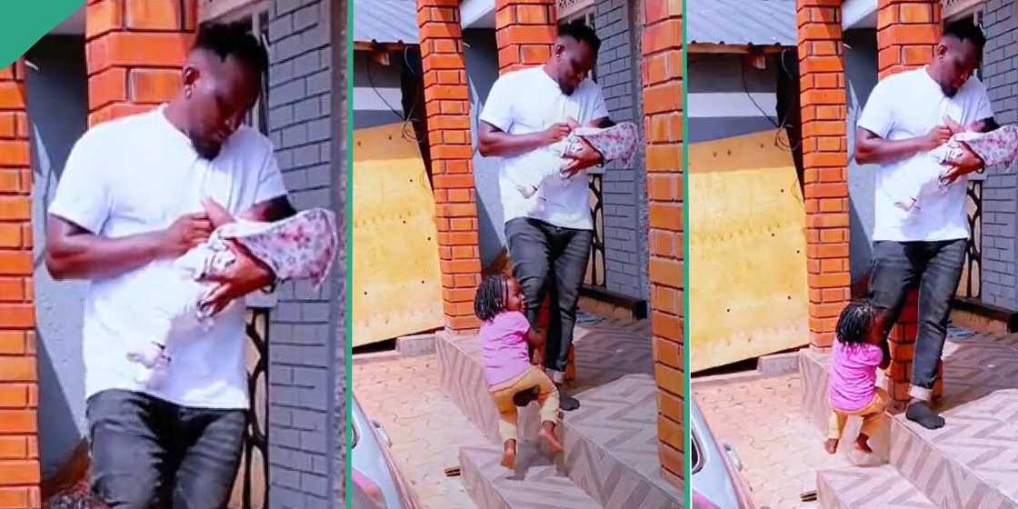 Man cares for his children in a special way during babysitting. Man cares for his children in a special way during babysitting.