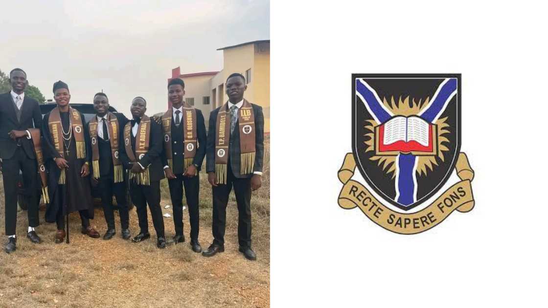 University of Ibadan graduates on their special day and the institution's logo University of Ibadan graduates on their special day and the institution's logo