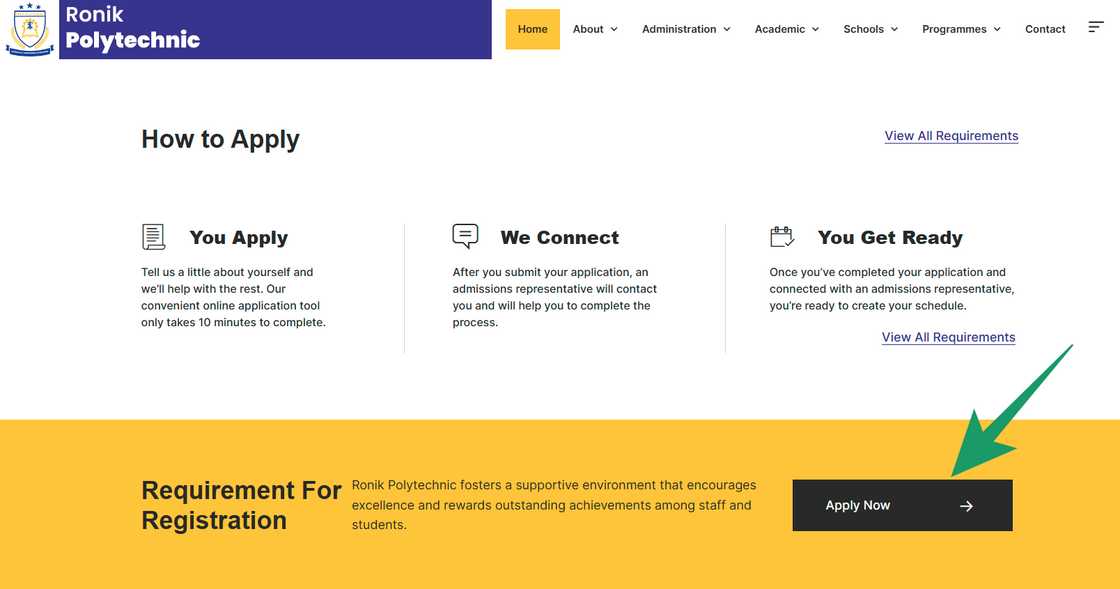 A screen grab of the Ronik Polytechnic website, showing the application section.