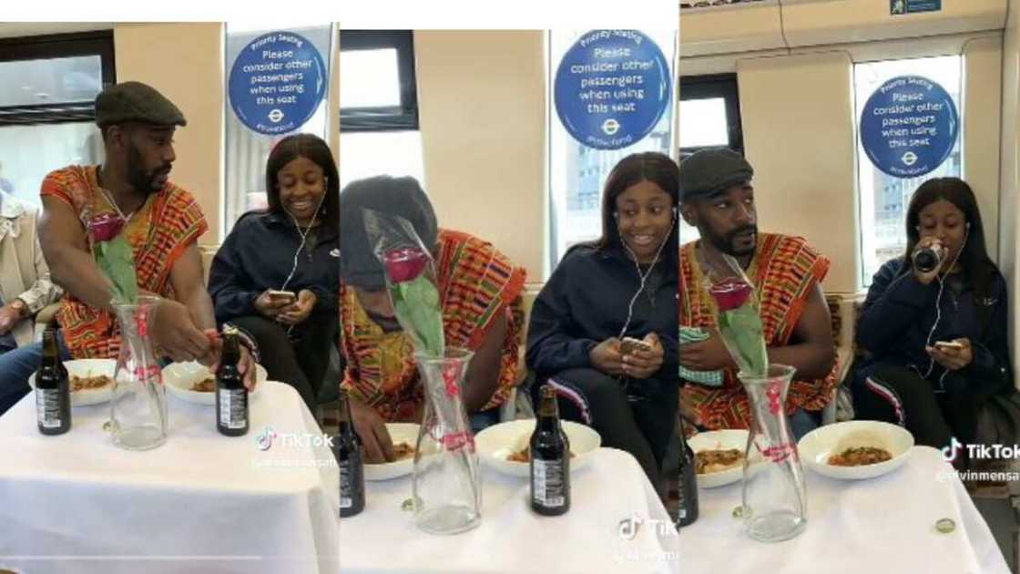 Man sets table for a date on train Man sets table for a date on train