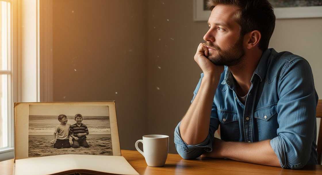 Man gazing at photo album by window. Man gazing at photo album by window.