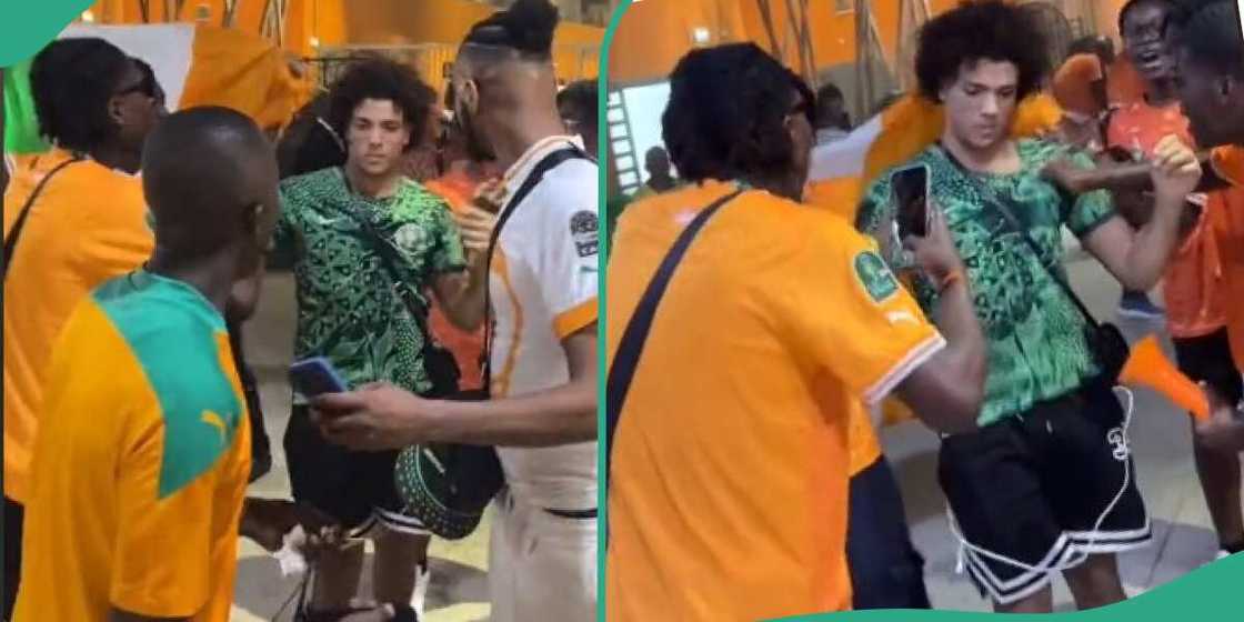 Reactions as Cote d'Ivoire fans disturb white man rocking Super Eagles jersey Reactions as Cote d'Ivoire fans disturb white man rocking Super Eagles jersey