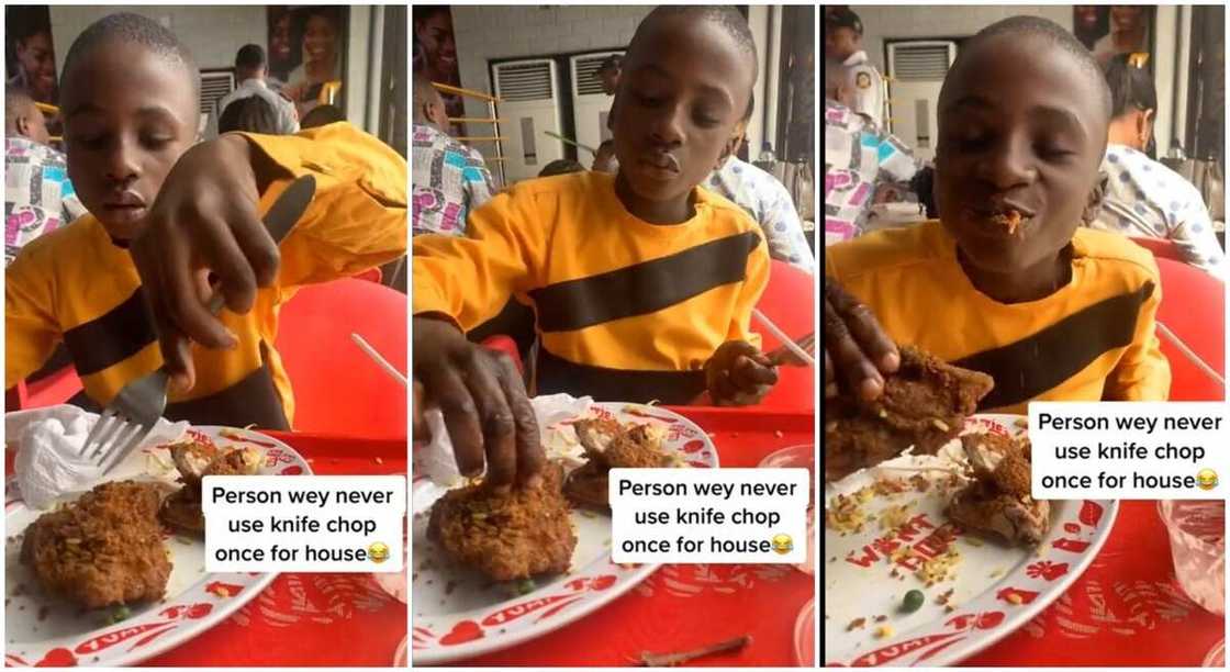 Photos of a boy happily eating with his hands.