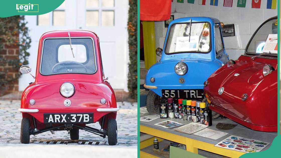 A red Peel P50 (L), a display of a red and blue Peel P50 cars (R)