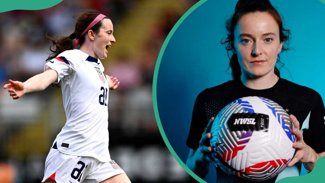 Rose Lavelle celebrates during a match (L). The soccer player poses with a ball during Gotham FC Media Day at Hanover Marriott (R)