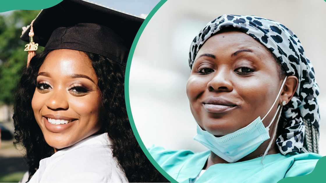 A lady wearing a graduation gown (L), a nurse in a nursing uniform (R)