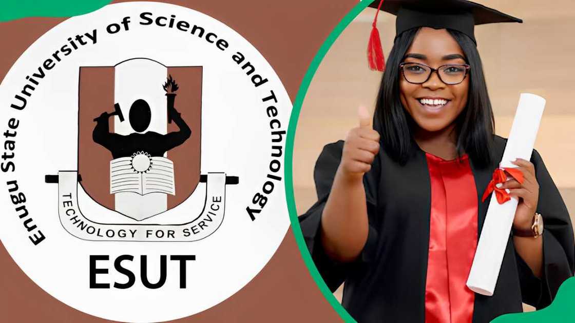 ESUT logo (L) and a student in a graduation attire (R). ESUT logo (L) and a student in a graduation attire (R).