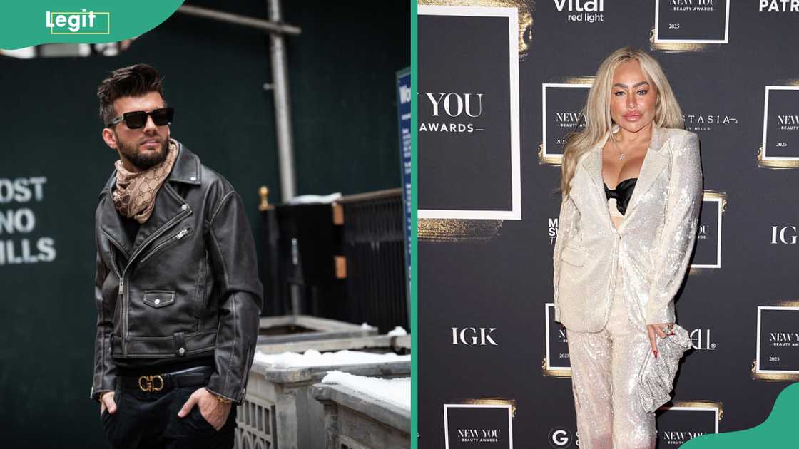 Split image of a man in a black leather jacket outdoors and a blonde woman in a shimmering cream suit on a step-and-repeat.