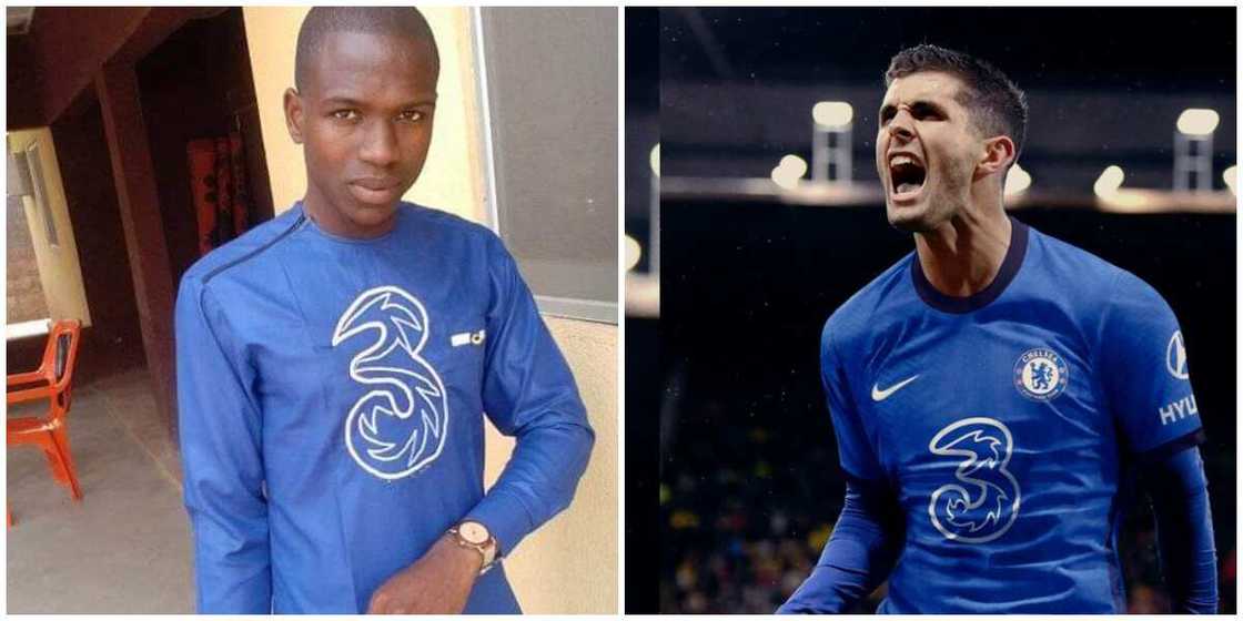 Nigerian man sews senator replica of Chelsea football club jersey to mark his birthday, many praise his tailor Nigerian man sews senator replica of Chelsea football club jersey to mark his birthday, many praise his tailor