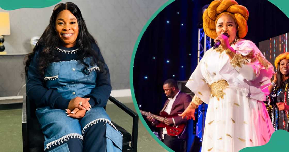 Tope Alabi poses while sitting wearing a denim outfit (L). The singer performs on stage wearing a white garment with gold accents and a traditional head wrap (R).